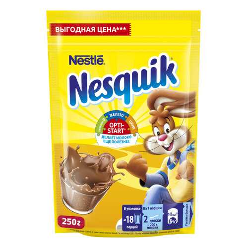 Какао-напиток Nesquik nestle opti-start быстрорастворимый в пакете 250 г в Дикси